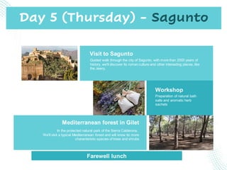 Mediterranean forest in Gilet
In the protected natural park of the Sierra Calderona.
We'll visit a typical Mediterranean forest and will know its more
characteristic species of trees and shrubs
Visit to Sagunto
Guided walk through the city of Sagunto, with more than 2000 years of
history, we'll discover its roman culture and other interesting places, like
the Jewry.
Workshop
Preparation of natural bath
salts and aromatic herb
sachets
Day 5 (Thursday) - Sagunto
Farewell lunch
 