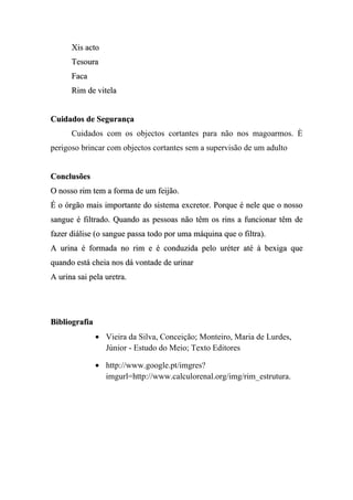 Xis acto
      Tesoura
      Faca
      Rim de vitela


Cuidados de Segurança
      Cuidados com os objectos cortantes para não nos magoarmos. È
perigoso brincar com objectos cortantes sem a supervisão de um adulto


Conclusões
O nosso rim tem a forma de um feijão.
É o órgão mais importante do sistema excretor. Porque é nele que o nosso
sangue é filtrado. Quando as pessoas não têm os rins a funcionar têm de
fazer diálise (o sangue passa todo por uma máquina que o filtra).
A urina é formada no rim e é conduzida pelo uréter até à bexiga que
quando está cheia nos dá vontade de urinar
A urina sai pela uretra.




Bibliografia
               • Vieira da Silva, Conceição; Monteiro, Maria de Lurdes,
                 Júnior - Estudo do Meio; Texto Editores

               • http://www.google.pt/imgres?
                 imgurl=http://www.calculorenal.org/img/rim_estrutura.
 