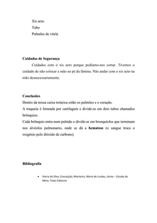 Xis acto
      Tubo
      Pulmões de vitela




Cuidados de Segurança
      Cuidados com o xis acto porque podíamo-nos cortar. Tivemos o
cuidado de não colocar a mão ao pé da lâmina. Não andar com o xis acto na
mão desnecessariamente.



Conclusões
Dentro da nossa caixa torácica estão os pulmões e o coração.
A traqueia é formada por cartilagem e divide-se em dois tubos chamados
brônquios.
Cada brônquio entra num pulmão e divide-se em bronquíolos que terminam
nos alvéolos pulmonares, onde se dá a hematose (o sangue troca o
oxigénio pelo dióxido de carbono).




Bibliografia


          •    Vieira da Silva, Conceição; Monteiro, Maria de Lurdes, Júnior - Estudo do
               Meio; Texto Editores
 