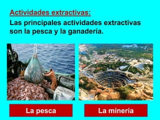 Actividades extractivas:
Las principales actividades extractivas
son la pesca y la ganadería.
La pesca La minería
 