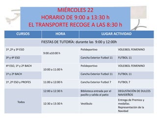 MIÉRCOLES 22HORARIO DE 9:00 a 13:30 hEL TRANSPORTE RECOGE A LAS 8:30 h 
