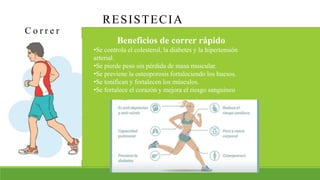 RESISTECIA
C o r r e r
Beneficios de correr rápido
•Se controla el colesterol, la diabetes y la hipertensión
arterial.
•Se pierde peso sin pérdida de masa muscular.
•Se previene la osteoporosis fortaleciendo los huesos.
•Se tonifican y fortalecen los músculos.
•Se fortalece el corazón y mejora el riesgo sanguíneo
 