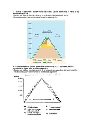 7.- Realice un comentario de la Cliserie del Sistema Central atendiendo al menos a los
siguientes aspectos:
- Causas que explican el escalonamiento de la vegetación en razón de la altura.
- Posibles usos y aprovechamientos de cada tipo de vegetación.




8.- Comente el gráfico adjunto, Cliserie de la vegetación de la Cordillera Cantábrica,
atendiendo al menos a los siguientes aspectos:
- Causas que explican el escalonamiento de la vegetación en razón de la altura y orientación.
- Posibles usos y aprovechamientos de cada tipo de vegetación.
 