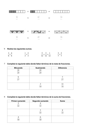 6 Realiza las siguientes sumas.
8
4
8
3
+
3
2
3
1
+
12
1
12
3
12
5
+
+
7
2
7
3
+
7 Completa la siguiente tabla donde faltan términos de la resta de fracciones.
Minuendo Sustraendo Diferencia
25
18
25
10
17
9
17
7
14
3
14
11
8 Completa la siguiente tabla donde faltan términos de la suma de fracciones.
Primer sumando Segundo sumando Suma
12
5
12
4
15
3
15
8
10
4
10
6
 