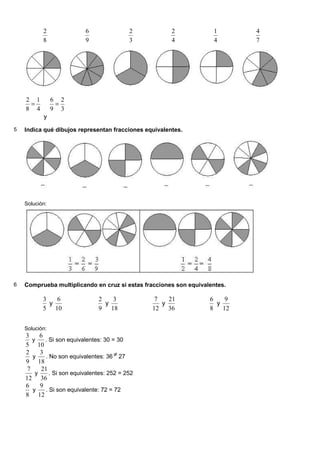 8
2
9
6
3
2
4
2
4
1
7
4
4
1
8
2
=
y
3
2
9
6
=
5 Indica qué dibujos representan fracciones equivalentes.
Solución:
6 Comprueba multiplicando en cruz si estas fracciones son equivalentes.
5
3
y
10
6
9
2
y
18
3
12
7
y
36
21
8
6
y
12
9
Solución:
5
3
y
10
6
. Si son equivalentes: 30 = 30
9
2
y
18
3
. No son equivalentes: 36 ≠ 27
12
7
y
36
21
. Si son equivalentes: 252 = 252
8
6
y
12
9
. Si son equivalente: 72 = 72
 