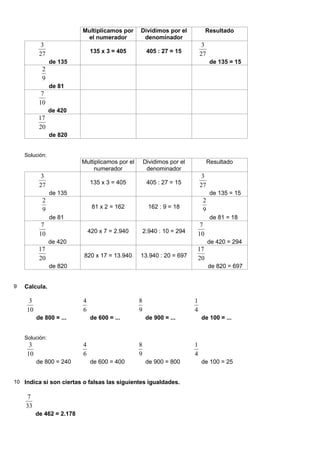 Multiplicamos por
el numerador
Dividimos por el
denominador
Resultado
27
3
de 135
135 x 3 = 405 405 : 27 = 15 27
3
de 135 = 15
9
2
de 81
10
7
de 420
20
17
de 820
Solución:
Multiplicamos por el
numerador
Dividimos por el
denominador
Resultado
27
3
de 135
135 x 3 = 405 405 : 27 = 15 27
3
de 135 = 15
9
2
de 81
81 x 2 = 162 162 : 9 = 18 9
2
de 81 = 18
10
7
de 420
420 x 7 = 2.940 2.940 : 10 = 294 10
7
de 420 = 294
20
17
de 820
820 x 17 = 13.940 13.940 : 20 = 697 20
17
de 820 = 697
9 Calcula.
10
3
de 800 = ...
6
4
de 600 = ...
9
8
de 900 = ...
4
1
de 100 = ...
Solución:
10
3
de 800 = 240
6
4
de 600 = 400
9
8
de 900 = 800
4
1
de 100 = 25
10 Indica si son ciertas o falsas las siguientes igualdades.
33
7
de 462 = 2.178
 
