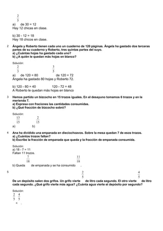 a)
5
2
de 30 = 12
Hay 12 chicas en clase.
b) 30 - 12 = 18
Hay 18 chicos en clase.
2 Ángela y Roberto tienen cada uno un cuaderno de 120 páginas. Ángela ha gastado dos terceras
partes de su cuaderno y Roberto, tres quintas partes del suyo.
a) ¿Cuántas hojas ha gastado cada uno?
b) ¿A quién le quedan más hojas en blanco?
Solución:
a)
3
2
de 120 = 80
5
3
de 120 = 72
Ángela ha gastado 80 hojas y Roberto 72.
b) 120 - 80 = 40 120 - 72 = 48
A Roberto le quedan más hojas en blanco
3 Hemos partido un bizcocho en 15 trozos iguales. En el desayuno tomamos 6 trozos y en la
merienda 7.
a) Expresa con fraciones las cantidades consumidas.
b) ¿Qué fracción de bizcocho sobró?
Solución:
a)
15
13
b)
15
2
4 Ana ha dividido una empanada en dieciochoavos. Sobre la mesa quedan 7 de esos trozos.
a) ¿Cuántos trozos faltan?
b) Escribe la fracción de empanada que queda y la fracción de empanada consumida.
Solución:
a) 18 - 7 = 11
Faltan 11 trozos.
b) Queda
18
7
de empanada y se ha consumido
18
11
.
5
De un depósito salen dos grifos. Un grifo vierte
5
2
de litro cada segundo. El otro vierte
5
4
de litro
cada segundo. ¿Qué grifo vierte más agua? ¿Cuánta agua vierte el depósito por segundo?
Solución:
5
2
<
5
4
.
 
