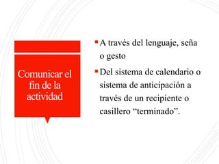 Comunicar el
fin de la
actividad
A través del lenguaje, seña
o gesto
Del sistema de calendario o
sistema de anticipación a
través de un recipiente o
casillero “terminado”.
 