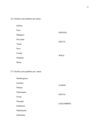 12




26. Clasifica estas palabras por temas:


       Gallina

       Foca
                                          - GRANJA
       Papagayo

       Oso polar
                                          - SELVA
       Tucán

       Pavo

       Conejo
                                          - POLO
       Pingüino

       Mono



27. Clasifica estas palabras por temas:


       Hamburguesa

       Lentejas
                                          - CARNE
       Plátano

       Flamenquín
                                          - FRUTA
       Fresas

       Naranjas
                                          - LEGUMBRES
       Garbanzos

       Habichuelas

       Salchichas
 