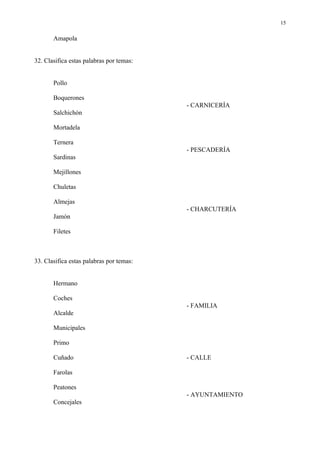 15

       Amapola


32. Clasifica estas palabras por temas:


       Pollo

       Boquerones
                                          - CARNICERÍA
       Salchichón

       Mortadela

       Ternera
                                          - PESCADERÍA
       Sardinas

       Mejillones

       Chuletas

       Almejas
                                          - CHARCUTERÍA
       Jamón

       Filetes



33. Clasifica estas palabras por temas:


       Hermano

       Coches
                                          - FAMILIA
       Alcalde

       Municipales

       Primo

       Cuñado                             - CALLE

       Farolas

       Peatones
                                          - AYUNTAMIENTO
       Concejales
 