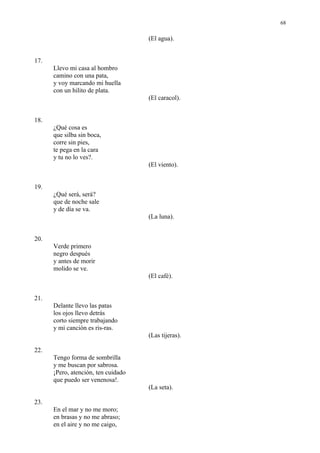 68

                                     (El agua).


17.
      Llevo mi casa al hombro
      camino con una pata,
      y voy marcando mi huella
      con un hilito de plata.
                                     (El caracol).


18.
      ¿Qué cosa es
      que silba sin boca,
      corre sin pies,
      te pega en la cara
      y tu no lo ves?.
                                     (El viento).


19.
      ¿Qué será, será?
      que de noche sale
      y de día se va.
                                     (La luna).


20.
      Verde primero
      negro después
      y antes de morir
      molido se ve.
                                     (El café).


21.
      Delante llevo las patas
      los ojos llevo detrás
      corto siempre trabajando
      y mi canción es ris-ras.
                                     (Las tijeras).

22.
      Tengo forma de sombrilla
      y me buscan por sabrosa.
      ¡Pero, atención, ten cuidado
      que puedo ser venenosa!.
                                     (La seta).

23.
      En el mar y no me moro;
      en brasas y no me abraso;
      en el aire y no me caigo,
 