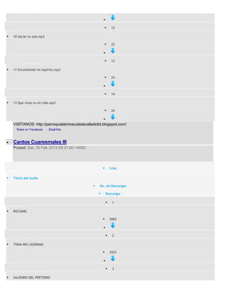 

                                                               12

   10 Saciar tu sed.mp3

                                                               22

                                                        

                                                               13

   11 Encomiendo mi espiritu.mp3

                                                               24

                                                        

                                                               14

   13 Que vivas tu mi vida.mp3

                                                               24

                                                        
    VISÍTANOS: http://parroquialainmaculadavalladolid.blogspot.com/



    Cantos Cuaresmales III
    Posted: Sat, 16 Feb 2013 09:31:00 +0000




                                                               S.No

   Titulo del Audio

                                                   No. de Descargas

                                                           Descargar

                                                                1

   ROCÍAME.

                                                               2062

                                                        

                                                                2

   TOMA MIS LÁGRIMAS

                                                               4323

                                                        

                                                                3

   SALIENDO DEL PRETORIO
 