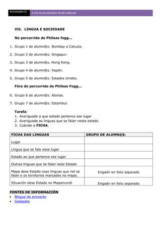 Actividades III A VOLTA AO MUNDO EN 80 LINGUAS
VII. LINGUA E SOCIEDADE
No percorrido de Phileas fogg...
1. Grupo 1 de alumn@s: Bombay a Calcuta.
2. Grupo 2 de alumn@s: Singapur.
3. Grupo 3 de alumn@s. Hong Kong.
4. Grupo 4 de alumn@s: Xapón.
5. Grupo 5 de alumn@s: Estados Unidos.
Fóra do percorrido de Phileas Fogg...
6. Grupo 6 de alumn@s: Atenas.
7. Grupo 7 de alumn@s: Estambul.
Tarefa:
1. Averiguade a que estado pertence ese lugar
2. Averiguade as linguas que se falan neste estado
3. Cubride a FICHA.
FICHA DAS LINGUAS GRUPO DE ALUMN@S:
Lugar
Lingua que se fala nese lugar
Estado ao que pertence ese lugar
Outras linguas que se falan nese Estado
Mapa dese Estado coas linguas que nel se
falan e os territorios marcados no mapa.
Engadir en folio separado
Situación dese Estado no Mapamundi Engadir en folio separado
FONTES DE INFORMACIÓN
 Blogue do proxecto
 Galipedia
 