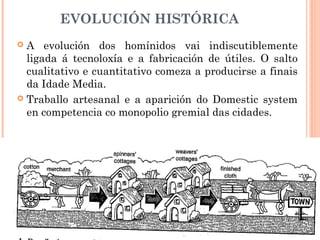 EVOLUCIÓN HISTÓRICA
 A evolución dos homínidos vai indiscutiblemente
ligada á tecnoloxía e a fabricación de útiles. O salto
cualitativo e cuantitativo comeza a producirse a finais
da Idade Media.
 Traballo artesanal e a aparición do Domestic system
en competencia co monopolio gremial das cidades.
 