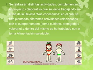  Se realizarán distintas actividades, complementando
 el proyecto colaborativo que se viene trabajando en
 clase de la Revista “Nos conocemos” en el cual se
 han planteado diferentes actividades relacionadas
 con el cuerpo humano (como cuidarlo, protegerlo y
 valorarlo) y dentro del mismo se ha trabajado con el
 tema Alimentación saludable.
 