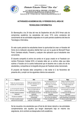 DISTRITO DE BARRANQUILLA
Institución Educativa Distrital “San Luis”
N.I.T. 802.007.249-8 DANE No. 10800100988 – ICFES 096271
Aprobación Resolución No. 001645 22 de Diciembre de 1999 (Diurna)
Resolución No. 001645 de Diciembre de 2001 (Nocturna)
Carrera 4C No. 94 – 137 Barrio San Luis – Núcleo de Desarrollo Educativo No. 01
ACTIVIDADES ACADEMICAS DEL IV PERIODO EN EL AREA DE
TECNOLOGIA E INFORMATICA
En Barranquilla a los 24 días del mes de Septiembre del año 2015 firman acta de
compromiso académico los estudiantes del curso 10°A como constancia del
conocimiento de las actividades asignadas en el cuarto periodo académico del área de
Tecnología e Informática.
En este cuarto periodo los estudiantes tienen la oportunidad de crear un Karaoke del
himno de la institución educativa distrital San Luis con la ayuda de Microsoft Power
Point, Camtasia estudio, Firework y cualquier otra aplicación que el estudiante crea
conveniente.
El docente compartió el archivo de sonido en el grupo creado en el Facebook con
nombre Promocion Codisal 2016, el karaoke debe ser un archivo video que debe
subirse a Youtube con la cuenta institucional que el docente creo a cada uno de los
estudiantes y compartirse en la biografia del grupo de Facebook antes mencionado.
El proyecto del Karaoke debe compartirse a más tardar el 2 de Noviembre del
presente año y cumplir con los siguientes criterios de evaluación:
% Superior Alto Básico Bajo
20
Todas las escenas fueron
creadas por el estudiante
Todas las escenas fueron
con fotos editadas por el
estudiante
Las escenas fueron con
algunas fotos de la
institución y con fotos
editadas.
Todas las escenas fueron
con fotos de la institución
sin ningún trabajo de
edición
20
La sincronización entre la
letra y el audio es perfecta
La sincronización entre la
letra y el audio falla en
máximo dos versos
La sincronización entre la
letra y el audio falla en
máximo cinco versos
La letra y el audio no están
sincronizadas en más de
cinco versos
20
El video presenta excelente
resolución
El video presenta una buena
resolución
El video tiene una resolución
aceptable
La resolución del video no es
adecuada
20 El audio es excelente
El audio es claro y
comprensible
El audio permite comprender
con un poco de esfuerzo
Hay que hacer mucho esfuerzo
para comprender la información
20
El video es subido al grupo
antes del 30 de Octubre
El video es subido al grupo
antes del 1 de Noviembre
El video es subido antes del 2
de Noviembre
El video es subido después del
2 de Noviembre
Se les recuerda a los estudiantes que al final de año tienen derecho a las actividades
complementarias solo aquellos que tengan desempeño bajo en máximo dos
asignaturas, de lo contrario se desaprueba el año académico.
 