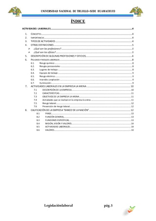 UNIVERSIDAD NACIONAL DE TRUJILLO-SEDE HUAMACHUCO
Legislaciónlaboral pág.3
ÍNDICE
ACTIVIDADES LABORALES..........................................................................................................................................4
1. CONCEPTO:..........................................................................................................................................................4
2. IMPORTANCIA:.....................................................................................................................................................4
3. TIPOS DE ACTIVIDADES ..................................................................................................................................4
4. OTRAS DEFINICIONES.....................................................................................................................................5
 ¿Qué son las profesiones?........................................................................................................................5
 ¿Qué son los oficios? .................................................................................................................................5
5. DESCRIPCIÓNDE ALGUNAS PROFESIONES Y OFICIOS...............................................................................6
6. PELIGROS YRIESGOS LABORALES...........................................................................................................................8
6.1. Riesgo químico:...................................................................................................................................8
6.2. Riesgos psicosociales:.........................................................................................................................8
6.3. Lugares de trabajo:.............................................................................................................................8
6.4. Equipos de trabajo:.............................................................................................................................9
6.5. Riesgo eléctrico:..................................................................................................................................9
6.6. Incendio yexplosión:..........................................................................................................................9
6.7. Iluminación:.........................................................................................................................................9
7. ACTIVIDADES LABORALES EN LA EMPRESA LA ARENA ..........................................................................10
7.1 DESCRIPCIÓN DE LA EMPRESA.....................................................................................................10
7.2 CARACTERÍSTCAS.........................................................................................................................11
7.3 OBJETIVOS DE LA EMPRESA LA ARENA........................................................................................11
7.4 Actividades que se realizanenla empresa la arena ....................................................................11
7.5 Riesgo laboral...............................................................................................................................12
7.6 Prevención de riesgo laboral........................................................................................................12
8. CALIFICACIÓN DE LA EMPRESA “BANCO DE LA NACIÓN”......................................................................12
8.1 FRASE.......................................................................................................................................13
8.2 FUNCIÓN GENERAL..................................................................................................................13
8.3 FUNCIONES ESPECÍFICAS.........................................................................................................13
8.4 MISIÓN, VISIÓN Y VALORES.....................................................................................................14
8.5 ACTIVIDADES LABORALES:.......................................................................................................14
8.6 VALORES..................................................................................................................................14
 