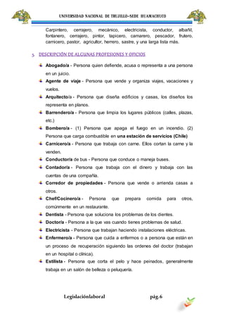 UNIVERSIDAD NACIONAL DE TRUJILLO-SEDE HUAMACHUCO
Legislaciónlaboral pág.6
Carpintero, cerrajero, mecánico, electricista, conductor, albañil,
fontanero, cerrajero, pintor, tapicero, camarero, pescador, frutero,
carnicero, pastor, agricultor, herrero, sastre, y una larga lista más.
5. DESCRIPCIÓN DE ALGUNAS PROFESIONES Y OFICIOS
Abogado/a - Persona quien defiende, acusa o representa a una persona
en un juicio.
Agente de viaje - Persona que vende y organiza viajes, vacaciones y
vuelos.
Arquitecto/a - Persona que diseña edificios y casas, los diseños los
representa en planos.
Barrendero/a - Persona que limpia los lugares públicos (calles, plazas,
etc.)
Bombero/a - (1) Persona que apaga el fuego en un incendio. (2)
Persona que carga combustible en una estación de servicios (Chile)
Carnicero/a - Persona que trabaja con carne. Ellos cortan la carne y la
venden.
Conductor/a de bus - Persona que conduce o maneja buses.
Contador/a - Persona que trabaja con el dinero y trabaja con las
cuentas de una compañía.
Corredor de propiedades - Persona que vende o arrienda casas a
otros.
Chef/Cocinero/a - Persona que prepara comida para otros,
comúnmente en un restaurante.
Dentista - Persona que soluciona los problemas de los dientes.
Doctor/a - Persona a la que vas cuando tienes problemas de salud.
Electricista - Persona que trabajan haciendo instalaciones eléctricas.
Enfermero/a - Persona que cuida a enfermos o a persona que están en
un proceso de recuperación siguiendo las ordenes del doctor (trabajan
en un hospital o clínica).
Estilista - Persona que corta el pelo y hace peinados, generalmente
trabaja en un salón de belleza o peluquería.
 