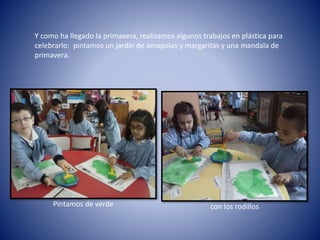 Y como ha llegado la primavera, realizamos algunos trabajos en plástica para
celebrarlo: pintamos un jardín de amapolas y margaritas y una mandala de
primavera.
con los rodillosPintamos de verde
 