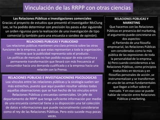 Vinculación de las RRPP con otras ciencias
Las Relaciones Públicas e investigaciones comerciales
Gracias al proyecto de estudios que presentó el investigador McClung
Lee, se ha podido determinar con precisión los pasos a dar siguiendo
un orden riguroso para la realización de una investigación de tipo
comercial (y también para una encuesta o sondeo de opinión).
RELACIONES PÚBLICAS E INVESTIGACIONENS PSICOLOGICAS
Loa vínculos entre las relaciones públicas y la sicología suelen ser
más estrechos, puesto que aquí pueden resultar válidas todas
aquellas observaciones que se han hecho de los vínculos entre
Relaciones Públicas y encuestas comerciales. Un jefe de
departamento de RRPP que tenga suficiente información por medio
de una encuesta comercial tiene a su disposición una tal colección
de datos e informaciones que puede racionalmente considerarse
como el rey de las Relaciones Públicas. Pero esto sucede muy pocas
veces.
RELACIONES PÚBLICAS Y
MARKETING
Que hacemos con las Relaciones
Públicas en presencia del marketing,
el argumento puede concretarse en
dos aspectos:
a) Partiendo de una filosofía
empresarial, las Relaciones Públicas
son consideradas como la más
pública de las expresiones de toda
la personalidad de la empresa.
b) Pero cuando consideramos a las
Relaciones Públicas, como principios
traducibles en técnicas y en
filosofías personales de acción ,se
instrumentalizan y se transforman
en una de las armas fundamentales
que llegan a influir sobre el
mercado. Y en ese caso se puede
hablar de relación entre Relaciones
Públicas y marketing.
RELACIONES PUBLICAS Y PUBLICIDAD
Las relaciones públicas mantienen una clara primicia sobre las otras
funciones de la empresa, ya que estas representan a toda la organización,
mientras que la publicidad representa solo el producto .
Las políticas de mercado no han podido escapar de esta continua y
permanente transformación que llevará con más frecuencia al
consumidor hacia una demanda cualificada y a la empresa hacia una
relación con la Prensa.
 