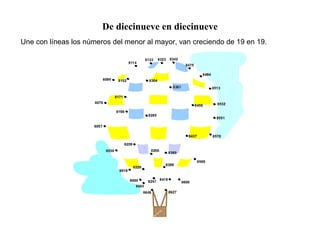 De diecinueve en diecinueve
Une con líneas los números del menor al mayor, van creciendo de 19 en 19.
 