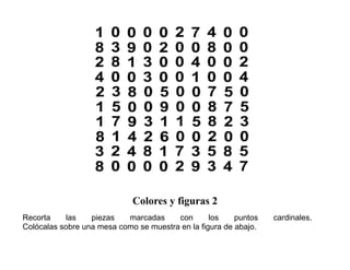 Colores y figuras 2
Recorta las piezas marcadas con los puntos cardinales.
Colócalas sobre una mesa como se muestra en la figura de abajo.
 
