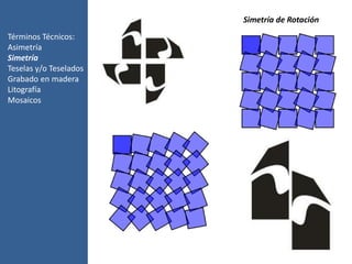Términos Técnicos:
Asimetría
Simetría
Teselas y/o Teselados
Grabado en madera
Litografía
Mosaicos
Simetría de Rotación
 