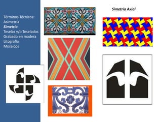 Términos Técnicos:
Asimetría
Simetría
Teselas y/o Teselados
Grabado en madera
Litografía
Mosaicos
Simetría Axial
 
