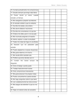 4
Módulo 1. Modelo Educativo
16. Cumplo puntualmente mis compromisos
17. Estudio siempre que tengo ratos libres
18. Puedo decidir yo mismo cuando
estudiar y el tiempo.
19. Me avergüenza preparar acordeones
20. Al estudiar señalo lo que no entiendo
21. Escribo mis dudas y las ordeno
22. Me aburre elaborar resúmenes
23. Escribo mis comentarios a lo que leo
24. Ordeno mis útiles para ir a la escuela
25. Me incomoda preguntar al maestro
26. Intento explicar a solas lo estudiado
27. Todas mis notas las hago en una libreta
28. Necesito que me presionen para
estudiar
29. Puedo adaptarme a nuevas situaciones
30. Me gusta retarme a mí mismo
31. Me resulta difícil estudiar solo
32. Prefiero que otros decidan por mí
33. Cumplo mis tareas aunque me
disgusten
34. Evito el trabajo cuando puedo
35. Trabajo hasta terminar la tarea
36. Evito compromisos innecesarios
37. Me gusta alcanzar mis propias metas
38. Puedo concentrarme cuando estudio
39. Me hago preguntas sobre lo que leeré
40. Leo cuidadosamente las instrucciones
41. Me aseguro de entender lo que se me
pide
42. Hojeo el material antes de estudiarlo
 