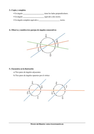 3.- Copia y completa
• Un ángulo ______________________ tiene los lados perpendiculares.
• Un ángulo ______________________ equivale a dos rectos.
• Un ángulo completo equivale a ______________________ rectos.

4.- Observa y nombra tres parejas de ángulos consecutivos

5.- Encuentra en la ilustración
a) Tres pares de ángulos adyacentes
b) Tres pares de ángulos opuestos por el vértice

Rincón del Maestro: www.rinconmaestro.es

 