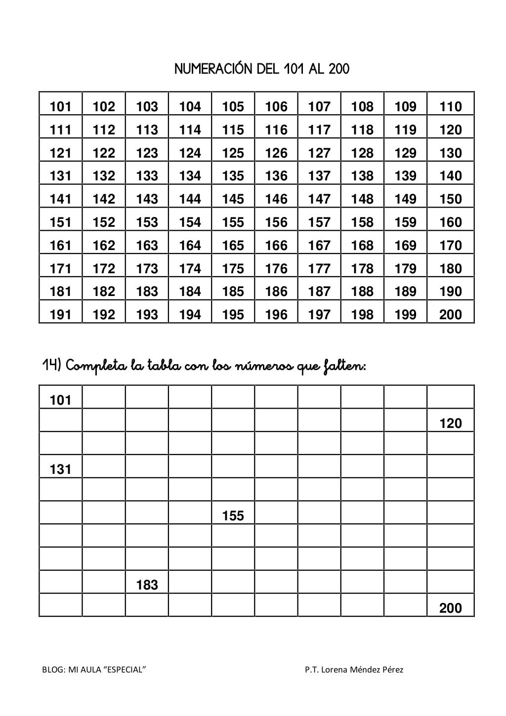 Actividades numeración tabla del 200