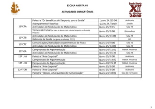 ESCOLA ABERTA XII

                                            ACTIVIDADES OBRIGATÓRIAS


          Palestra “Os benefícios do Desporto para a Saúde”                     Quarta 24 /10:00      Auditório
          Acampamento Filosófico                                                Quarta 24 /Tarde       Jardim
12ºCTA    Actividades de Modulação de Matemática                                Quinta 25/ 9:15        Sala 22
          Torneio de Futsal (só para os alunos com o tema Desporto na Área de   Quinta 25/ 9:00      Gimnodesp
          Projecto)
          Actividades de Modulação de Matemática                                Quinta 25/ 11:00        Sala 22
12ºCTB
          Gabinete de Saúde (só para os alunos ????)                                                      GD
          Comunicações/Actividades experimentais de Física                      Quarta 24/ 9:00         Sala 21
12ºCTC
          Actividades de Modulação de Matemática                                Quinta 25/ 14:00        Sala 22
          Campeonato de Argumentação                                            Quarta 24/ 11:00   Bibliot. Histórica
12ºSEA
          Actividades de Modulação de Matemática                                Quinta 25/ 15:30        Sala 22
12º LHA   Palestra “Arte Corporal”                                              Quinta 25/ 9:00       Auditório
          Campeonato de Argumentação                                            Quarta 24/ 14:00   Bibliot. Histórica
12º LHB   Campeonato de Argumentação                                            Quarta 24/ 15:30   Bibliot. Histórica
          Palestra “Arte Corporal”                                              Quinta 25/ 9:00       Auditório
12º TCM   Palestra “Arte Corporal”                                              Quinta 25/ 9:00        Auditório
          Palestra “ Idosos, uma questão de humanização”                        Quarta 24/ 10:00   Sala de Formação




                                                                                                                        3
 