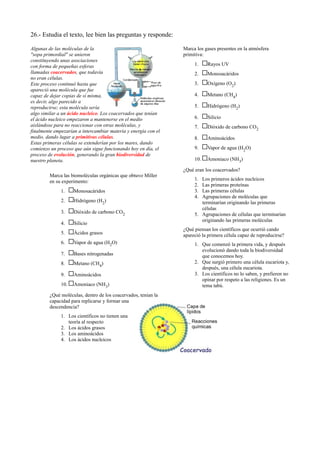26.- Estudia el texto, lee bien las preguntas y responde:
Algunas de las moléculas de la
"sopa primordial" se unieron
constituyendo unas asociaciones
con forma de pequeñas esferas
llamadas coacervados, que todavía
no eran células.
Este proceso continuó hasta que
apareció una molécula que fue
capaz de dejar copias de sí misma,
es decir, algo parecido a
reproducirse; esta molécula sería
algo similar a un ácido nucleico. Los coacervados que tenían
el ácido nucleico empezaron a mantenerse en el medio
aislándose para no reaccionar con otras moléculas, y
finalmente empezarían a intercambiar materia y energía con el
medio, dando lugar a primitivas células.
Estas primeras células se extenderían por los mares, dando
comienzo un proceso que aún sigue funcionando hoy en día, el
proceso de evolución, generando la gran biodiversidad de
nuestro planeta.
Marca las biomoléculas orgánicas que obtuvo Miller
en su experimento:
1. Monosacáridos
2. Hidrógeno (H2)
3. Dióxido de carbono CO2
4. Silicio
5. Ácidos grasos
6. Vapor de agua (H2O)
7. Bases nitrogenadas
8. Metano (CH4)
9. Aminoácidos
10. Amoniaco (NH3)
¿Qué moléculas, dentro de los coacervados, tenían la
capacidad para replicarse y formar una
descendencia?
1. Los científicos no tienen una
teoría al respecto
2. Los ácidos grasos
3. Los aminoácidos
4. Los ácidos nucleicos
Marca los gases presentes en la atmósfera
primitiva:
1. Rayos UV
2. Monosacáridos
3. Oxígeno (O2)
4. Metano (CH4)
5. Hidrógeno (H2)
6. Silicio
7. Dióxido de carbono CO2
8. Aminoácidos
9. Vapor de agua (H2O)
10. Amoniaco (NH3)
¿Qué eran los coacervados?
1. Los primeros ácidos nucleicos
2. Las primeras proteínas
3. Las primeras células
4. Agrupaciones de moléculas que
terminarían originando las primeras
células
5. Agrupaciones de células que terminarían
originando las primeras moléculas
¿Qué piensan los científicos que ocurrió cando
apareció la primera célula capaz de reproducirse?
1. Que comenzó la primera vida, y después
evolucionó dando toda la biodiversidad
que conocemos hoy.
2. Que surgió primero una célula eucariota y,
después, una célula eucariota.
3. Los científicos no lo saben, y prefieren no
opinar por respeto a las religiones. Es un
tema tabú.
 