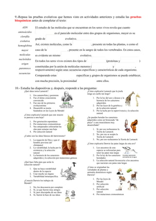 9.-Repasa las pruebas evolutivas que hemos visto en actividades anteriores y estudia las pruebas
bioquímicas antes de completar el texto:
ADN
aminoácidos
clorofila
evolutiva
hemoglobina
mayor
moléculas
nucleótidos
origen
parentesco
secuencias
El estudio de las moléculas que se encuentran en los seres vivos revela que cuanto
es el parecido molecular entre dos grupos de organismos, mayor es su
grado de evolutivo.
Así, existen moléculas, como la , presente en todas las plantas, o como el
caso de la , presente en la sangre de todos los vertebrados. En estos casos,
es evidente un mismo evolutivo.
En todos los seres vivos existen dos tipos de (proteínas y )
constituidas por la unión de moléculas menores ( y ,
respectivamente) según unas secuencias específicas y características de cada organismo.
Comparando estas específicas y grupos de organismos se puede establecer,
con mucha precisión, la proximidad entre ellos.
10.- Estudia las diapositivas y, después, responde a las preguntas:
¿Qué ideas tenía Lamarck?
1. Era catastrofista y pesimista
2. Fue el útimo creacionista
convencido
3. Fue uno de los primeros
evolucionistas
4. Desarrolló su teoría
basándose en las Leyes de Mendel
¿Cómo explicaría Lamarck que este insecto
se parezca a una hoja?
1. Por generación espontánea
2. Por mutaciones cromosómicas
3. Sus antepasados esforzarían las
alas para semejar una hoja
4. Por selección natural
¿Cuáles son las ideas básicas del darwinismo?
1. La negación de Dios y que el
hombre proviene del
chimpancé
2. La variabilidad, la lucha por la
existencia y la selección
natural
3. La herencia de los caracteres
adquiridos y la selección por mutaciones génicas
¿Qué hace falta para que actúe la
selección natural?
1. Que no haya variabilidad
dentro de la especie
2. Usar mucho un órgano
3. Variabilidad intraespecífica
¿Conocía Darwin los trabajos de
Mendel?
1. No, los desconocía por completo
2. Sí, ya que fueron muy amigos
3. Sí, pero discrepaba de sus ideas
4. Sí, fueron la base de sus ideas
¿Cómo explicaría Lamarck que la jirafa
tenga un cuello tan largo?
1. Por la ley del uso y desuso y la
herencia de los caracteres
adquiridos
2. Por las leyes de la genética y
de la selección natural
3. Por la lucha por la supervivencia y la selección
natural
¿Se pueden heredar los caracteres
adquiridos como un bronceado "de
playa" o una musculatura muy
desarrollada?
1. Sí, por eso rechazamos la
Teoría de Lamarck
2. No, por eso se acepta la
Teoría de Lamarck
3. No, por eso rechazamos la Teoría de Lamarck
¿Cómo explicaría Darwin las patas largas de esta ave?
1. Los ancestros de esta
especie se esforzarían para
tener las patar más largas
2. Por la ley de los caracteres
heredados
3. La selección natural favorecería a los ancestros
que nacieran con patas más largas
¿Cómo se originaban las
variedades de plantas y
animales domésticos según
Darwin?
1. Por las leyes de
Mendel
2. Por selección
artificial
3. Por selección
natural
4. Por mutaciones cromosómicas
 