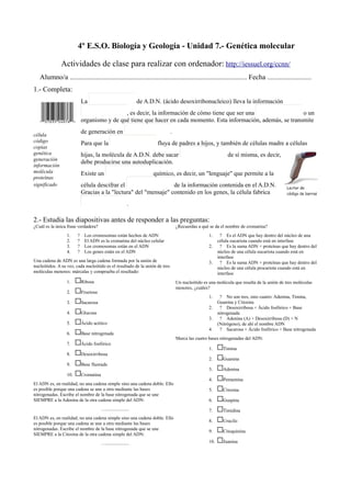 4º E.S.O. Biología y Geología - Unidad 7.- Genética molecular

              Actividades de clase para realizar con ordenador: http://iessuel.org/ccnn/
   Alumno/a .................................................................................................... Fecha .........................
1.- Completa:
                            La                                 de A.D.N. (ácido desoxirribonucleico) lleva la información
                                             , es decir, la información de cómo tiene que ser una                 o un
                            organismo y de qué tiene que hacer en cada momento. Esta información, además, se transmite

célula
                            de generación en                                 .
código                      Para que la                                fluya de padres a hijos, y también de células madre a células
copias
genética                    hijas, la molécula de A.D.N. debe sacar                                          de sí misma, es decir,
generación
                            debe producirse una autoduplicación.
información
molécula                    Existe un                                químico, es decir, un "lenguaje" que permite a la
proteínas
significado                 célula descifrar el                   de la información contenida en el A.D.N.
                            Gracias a la "lectura" del "mensaje" contenido en los genes, la célula fabrica
                                                          .

2.- Estudia las diapositivas antes de responder a las preguntas:
¿Cuál es la única frase verdadera?                                               ¿Recuerdas a qué se da el nombre de cromatina?
                  1.    ?    Los cromosomas están hechos de ADN                                   1.     ? Es el ADN que hay dentro del núcleo de una
                  2.    ?    El ADN es la cromatina del núcleo celular                                  célula eucariota cuando está en interfase
                  3.    ?    Los cromosomas están en el ADN                                       2.     ? Es la suma ADN + proteínas que hay dentro del
                  4.    ?    Los genes están en el ADN                                                  núcleo de una célula eucariota cuando está en
                                                                                                        interfase
Una cadena de ADN es una larga cadena formada por la unión de                                     3.     ? Es la suma ADN + proteínas que hay dentro del
nucleótidos. A su vez, cada nucleótido es el resultado de la unión de tres                              núcleo de una célula procariota cuando está en
moléculas menores: márcalas y comprueba el resultado:                                                   interfase
                  1.        Ribosa                                               Un nucleótido es una molécula que resulta de la unión de tres moléculas
                                                                                 menores, ¿cuáles?
                  2.        Fructosa
                                                                                                  1.     ? No son tres, sino cuatro: Adenina, Timina,
                  3.        Sacarosa                                                                    Guanina y Citosina
                                                                                                  2.     ? Desoxirribosa + Ácido fosfórico + Base
                  4.        Glucosa                                                                     nitrogenada
                                                                                                  3.     ? Adenina (A) + Desoxirribosa (D) + N
                  5.        Ácido acético                                                               (Nitrógeno), de ahí el nombre ADN
                                                                                                  4.     ? Sacarosa + Ácido fosfórico + Base nitrogenada
                  6.        Base nitrogenada
                                                                                 Marca las cuatro bases nitrogenadas del ADN:
                  7.        Ácido fosfórico
                                                                                                  1.      Timina
                  8.        Desoxirribosa
                                                                                                  2.      Guanina
                  9.        Base fluorada
                                                                                                  3.      Adenina
                  10.       Cromatina
                                                                                                  4.      Pentamina
El ADN es, en realidad, no una cadena simple sino una cadena doble. Ello
es posible porque una cadena se une a otra mediante las bases                                     5.      Citosina
nitrogenadas. Escribe el nombre de la base nitrogenada que se une
SIEMPRE a la Adenina de la otra cadena simple del ADN:                                            6.      Guapina
                                       …....................                                      7.      Timidina
El ADN es, en realidad, no una cadena simple sino una cadena doble. Ello
                                                                                                  8.      Uracilo
es posible porque una cadena se une a otra mediante las bases
nitrogenadas. Escribe el nombre de la base nitrogenada que se une
                                                                                                  9.      Citoquinina
SIEMPRE a la Citosina de la otra cadena simple del ADN:
                                       …....................                                      10.     Juanina
 