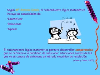 Según Mª Antonia Canals, el razonamiento lógico matemático
  incluye las capacidades de:
  •Identificar
  •Relacionar
  •O...