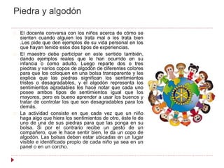 Piedra y algodón
El docente conversa con los niños acerca de cómo se
sienten cuando alguien los trata mal o los trata bien
.Les pide que den ejemplos de su vida personal en los
que hayan tenido esos dos tipos de experiencias.
El maestro debe participar en este sentido también,
dando ejemplos reales que le han ocurrido en su
infancia o como adulto. Luego reparte dos o tres
piedras y varios copos de algodón de diferentes colores
para que los coloquen en una bolsa transparente y les
explica que las piedras significan los sentimientos
tristes o desagradables, y el algodón representa los
sentimientos agradables les hace notar que cada uno
posee ambos tipos de sentimientos igual que los
mayores, pero es bueno aprender a usar los buenos y
tratar de controlar los que son desagradables para los
demás.
La actividad consiste en que cada vez que un niño
haga algo que hiera los sentimientos de otro, éste le de
uno de una de sus piedras para que las ponga en su
bolsa. Si por el contrario recibe un gesto de un
compañero, que le hace sentir bien, le da un copo de
algodón. Las bolsas deben estar ubicadas en un lugar
visible e identificado propio de cada niño ya sea en un
panel o en un corcho.
 