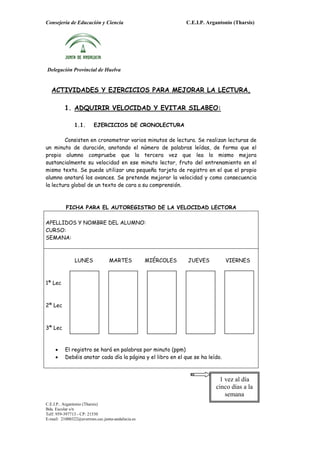 Consejería de Educación y Ciencia                              C.E.I.P. Argantonio (Tharsis)




Delegación Provincial de Huelva


   ACTIVIDADES Y EJERCICIOS PARA MEJORAR LA LECTURA,

          1. ADQUIRIR VELOCIDAD Y EVITAR SILABEO:

               1.1.      EJERCICIOS DE CRONOLECTURA

        Consisten en cronometrar varios minutos de lectura. Se realizan lecturas de
un minuto de duración, anotando el número de palabras leídas, de forma que el
propio alumno compruebe que la tercera vez que lea lo mismo mejora
sustancialmente su velocidad en ese minuto lector, fruto del entrenamiento en el
mismo texto. Se puede utilizar una pequeña tarjeta de registro en el que el propio
alumno anotará los avances. Se pretende mejorar la velocidad y como consecuencia
la lectura global de un texto de cara a su comprensión.



          FICHA PARA EL AUTOREGISTRO DE LA VELOCIDAD LECTORA

APELLIDOS Y NOMBRE DEL ALUMNO:
CURSO:
SEMANA:



               LUNES             MARTES            MIÉRCOLES   JUEVES          VIERNES



1ª Lec



2ª Lec



3ª Lec



     •    El registro se hará en palabras por minuto (ppm)
     •    Debéis anotar cada día la página y el libro en el que se ha leído.



                                                                            1 vez al día
                                                                           cinco días a la
                                                                              semana
C.E.I.P.. Argantonio (Tharsis)
Bda. Escolar s/n
Telf: 959-397713 - CP: 21530
E-mail: 21000322@averroes.cec.junta-andalucia.es
 