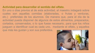 Actividad para desarrollar el sentido del olfato.
En uno o días previos al de esta actividad, el maestro indagará sobre
cuales son aquellas comidas (elaboradas, o frutas y verduras,
etc.) preferidas de los alumnos. De manera que, para el día de la
actividad pueda disponer de algunos de estos alimentos, preparados,
cortados, conservados, o lo que fuese necesario, para que los niños
jueguen a identificar cual es cada uno, mediante el olfato, y aquellos
que más les gustan y son sus preferidos.
 