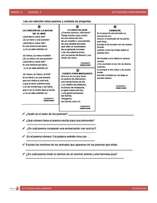 GRADO: 3 BLOQUE: 2 ACTIVIDADESPARA IMPRIMIR
ACTIVIDADES PARA IMPRIMIR EDITORIAL MD
 