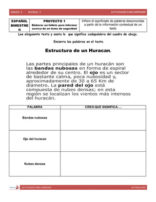 GRADO: 3 BLOQUE: 2 ACTIVIDADESPARA IMPRIMIR
ACTIVIDADES PARA IMPRIMIR EDITORIAL MD
ESPAÑOL
BIMESTRE
II
PROYECTO 1
Elaborar un folleto para informar
acerca de un tema de seguridad
Infiere el significado de palabras desconocidas
a partir de la información contextual de un
texto
Lee elsiguiente texto y anota lo que significa cadapalabra del cuadro de abajo.
Encierra las palabras en el texto.
Estructura de un Huracan.
PALABRA CREO QUE SIGNIFICA….
Bandas nubosas
Ojo del huracan
Nubes densas
 
