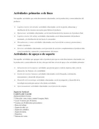 Actividades primarias o de línea
Son aquellas actividades que están directamente relacionadas con la producción y comercialización del
producto:
 Logística interior (de entrada): actividades relacionadas con la recepción, almacenaje y
distribución de los insumos necesarios para fabricar el producto.
 Operaciones: actividades relacionadas con la transformación de los insumos en el producto final.
 Logística exterior (de salida): actividades relacionadas con el almacenamiento del producto
terminado, y la distribución de éste hacia el consumidor.
 Mercadotecnia y ventas: actividades relacionadas con el acto de dar a conocer, promocionar y
vender el producto.
 Servicios: actividades relacionadas con la provisión de servicios complementarios al producto tales
como la instalación, reparación y mantenimiento del mismo.
Actividades de apoyo o de soporte
Son aquellas actividades que agregan valor al producto pero que no están directamente relacionadas con
la producción y comercialización de éste, sino que más bien sirven de apoyo a las actividades primarias:
 Infraestructura de la empresa: actividades que prestan apoyo a toda la empresa, tales como la
planeación, las finanzas y la contabilidad.
 Gestión de recursos humanos: actividades relacionadas con la búsqueda, contratación,
entrenamiento y desarrollo del personal.
 Desarrollo de la tecnología: actividades relacionadas con la investigación y desarrollo de la
tecnología necesaria para apoyar a las demás actividades.
 Aprovisionamiento: actividades relacionadas con el proceso de compras.
Zapatería Tariácuri
CADENA DE VALOR
INFRAESTRUCTURA
* Ubicación: zona centro, ciudad Uruapan, Mich.
* Local: 4 metros por 20 metros.
* Cuenta con 20 diferentes proveedores:
- Botas de trabajo.
- Zapato de niño (a).
- Zapato de caballero.
- Zapato de dama.
- Deportivo.
* Sistema de venta:
 