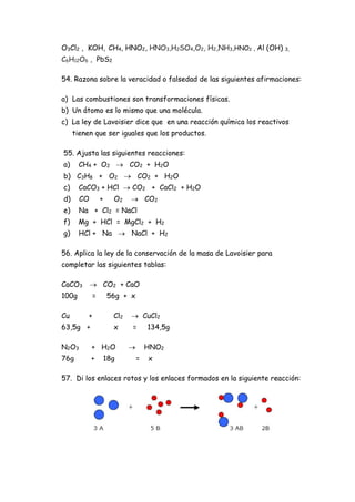 O3Cl2 , KOH, CH4, HNO2, HNO3,H2SO4,O2, H2,NH3,HNO2 , Al (OH) 3,
C6H12O6 , PbS2
54. Razona sobre la veracidad o falsedad de las siguientes afirmaciones:
a) Las combustiones son transformaciones físicas.
b) Un átomo es lo mismo que una molécula.
c) La ley de Lavoisier dice que en una reacción química los reactivos
tienen que ser iguales que los productos.
55. Ajusta las siguientes reacciones:
a) CH4 + O2  CO2 + H2O
b) C3H8 + O2  CO2 + H2O
c) CaCO3 + HCl  CO2 + CaCl2 + H2O
d) CO + O2  CO2
e) Na + Cl2 = NaCl
f) Mg + HCl = MgCl2 + H2
g) HCl + Na  NaCl + H2
56. Aplica la ley de la conservación de la masa de Lavoisier para
completar las siguientes tablas:
CaCO3  CO2 + CaO
100g = 56g + x
Cu + Cl2  CuCl2
63,5g + x = 134,5g
N2O3 + H2O  HNO2
76g + 18g = x
57. Di los enlaces rotos y los enlaces formados en la siguiente reacción:
 