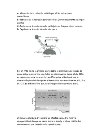 A: Absorción de la radiación emitida por el Sol en las capas
atmosféricas.
B: Reflexión de la radiación solar absorbida (aproximadamente un 30 por
ciento).
C: Captación de la radiación solar reflejada por los gases invernaderos.
D: Expulsión de la radiación solar al espacio.
63. En 1982 se dio la primera alerta sobre la disminución de la capa de
ozono sobre la Antártida, que había ido disminuyendo desde el año 1966.
Actualmente existe un acuerdo científico sobre el hecho de que la
disminución global de la capa en el hemisferio norte oscila entre el 1,1% y
el 3,7%. En el hemisferio sur, las cifras pueden llegar hasta el 9%.
a) Comenta el dibujo. b) Nombra los efectos que podría tener la
desaparición de la capa de ozono sobre la salud y el clima. c) Cita dos
contaminantes que deterioren la capa de ozono .
 