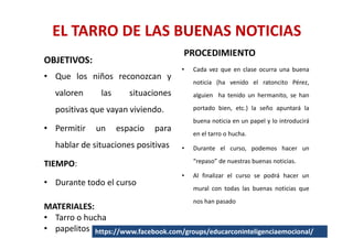 EL TARRO DE LAS BUENAS NOTICIAS
                                      PROCEDIMIENTO
OBJETIVOS:
                                      •   Cada vez que en clase ocurra una buena
• Que los niños reconozcan y
                                          noticia (ha venido el ratoncito Pérez,
   valoren     las      situaciones       alguien ha tenido un hermanito, se han

   positivas que vayan viviendo.          portado bien, etc.) la seño apuntará la
                                          buena noticia en un papel y lo introducirá
• Permitir    un     espacio   para
                                          en el tarro o hucha.
   hablar de situaciones positivas    •   Durante el curso, podemos hacer un

TIEMPO:                                   “repaso” de nuestras buenas noticias.

                                      •   Al finalizar el curso se podrá hacer un
• Durante todo el curso
                                          mural con todas las buenas noticias que
                                          nos han pasado
MATERIALES:
• Tarro o hucha
• papelitos https://www.facebook.com/groups/educarconinteligenciaemocional/
 