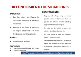 RECONOCIMIENTO DE SITUACIONES
                                           PROCEDIMIENTO
OBJETIVOS:
                                           •   Se pide a cada niño que traiga una caja de
•   Que los niños identifiquen las
                                               patatas o bien se hacen en clase. Las
    emociones asociadas a diferentes
                                               patatas son cartulina amarilla doblada y
    situaciones
                                               pegada en forma de rectángulo.
•   Habituar a los niños a reconocer       •   En cada caja de patatas se ponen un
    sus propias emociones y las de los         adjetivo (divertido, aburrido, etc.)

    demás como ejercicio rutinario         •   En cada patata se pone una situación

TIEMPO:                                        (jugar, ir al dentista, etc.)

                                           •   Se van entregando patatas a los niños y
•   30 minutos de actividad
                                               tienen que colocarlo en la caja adecuada.
MATERIALES:                                    El resto de compañeros puede dar su
• Cajas de patatas fritas de McDonald
                                               opinión.
• Cartulina amarilla
                  https://www.facebook.com/groups/educarconinteligenciaemocional/
 