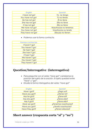 English Spanish
I have not got Yo no tengo
You have not got Tú no tienes
He has not got Él no tiene
She has not got Ella no tiene
It has not got Ello no tiene
We have not got Nosotros/as no tenemos
You have not got Vosotros/as no tenéis
They have not got Ellos/as no tienen
• Podemos usar la forma contracta.
Formas contractas
I haven’t got
You haven’t got
He hasn’t got
She hasn’t got
It hasn’t got
We haven’t got
You haven’t got
They haven’t got
Question/Interrogative (interrogativa)
• Para preguntar con el verbo “have got” cambiamos la
posición del sujeto de la oración. El sujeto quedará entre
“have” y “got”.
• Estudia la forma interrogativa del verbo “have got”
English Spanish
Have I got? ¿Tego yo?
Have you got? ¿Tienes tú?
Has he got? ¿Tiene él?
Has she got? ¿Tiene ella?
Has it got? ¿Tiene ello?
Have we got? ¿Tenemos nosotros/as?
Have you got? ¿Tenéis vosotros/as?
Have they got? ¿Tienen ellos/as?
Short answer (respuesta corta “si” y “no”)
Material creado por MPD 16
 
