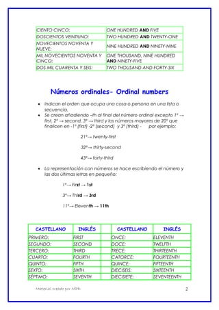 CIENTO CINCO: ONE HUNDRED AND FIVE
DOSCIENTOS VEINTIUNO: TWO HUNDRED AND TWENTY-ONE
NOVECIENTOS NOVENTA Y
NUEVE:
NINE HUNDRED AND NINETY-NINE
MIL NOVECIENTOS NOVENTA Y
CINCO:
ONE THOUSAND, NINE HUNDRED
AND NINETY-FIVE
DOS MIL CUARENTA Y SEIS: TWO THOUSAND AND FORTY-SIX
Números ordinales- Ordinal numbers
• Indican el orden que ocupa una cosa o persona en una lista o
secuencia.
• Se crean añadiendo –th al final del número ordinal excepto 1º →
first, 2º → second, 3º → third y los números mayores de 20º que
finalicen en -1º (first) -2º (second) y 3º (third) - por ejemplo:
21º→ twenty-first
32º→ thirty-second
43º→ forty-third
• La representación con números se hace escribiendo el número y
las dos últimas letras en pequeño:
1º→ First → 1st
3º→ Third → 3rd
11º→ Eleventh → 11th
CASTELLANO INGLÉS CASTELLANO INGLÉS
PRIMERO: FIRST ONCE: ELEVENTH
SEGUNDO: SECOND DOCE: TWELFTH
TERCERO: THIRD TRECE: THIRTEENTH
CUARTO: FOURTH CATORCE: FOURTEENTH
QUINTO: FIFTH QUINCE: FIFTEENTH
SEXTO: SIXTH DIECISEIS: SIXTEENTH
SÉPTIMO: SEVENTH DIECISIETE: SEVENTEENTH
Material creado por MPD 2
 
