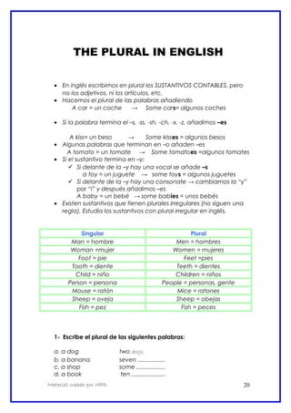 THE PLURAL IN ENGLISH
• En inglés escribimos en plural los SUSTANTIVOS CONTABLES, pero
no los adjetivos, ni los artículos, etc.
• Hacemos el plural de las palabras añadiendo
A car = un coche → Some cars= algunos coches
• Si la palabra termina el –s, -ss, -sh, -ch, -x, -z, añadimos –es
A kiss= un beso → Some kisses = algunos besos
• Algunas palabras que terminan en –o añaden –es
A tomato = un tomate → Some tomatoes =algunos tomates
• Si el sustantivo termina en –y:
 Si delante de la –y hay una vocal se añade –s
a toy = un juguete → some toys = algunos juguetes
 Si delante de la –y hay una consonate → cambiamos la “y”
por “i” y después añadimos –es
A baby = un bebé → some babies = unos bebés
• Existen sustantivos que tienen plurales irregulares (no siguen una
regla). Estudia los sustantivos con plural irregular en inglés.
Singular Plural
Man = hombre Men = hombres
Woman =mujer Women = mujeres
Foot = pie Feet =pies
Tooth = diente Teeth = dientes
Child = niño Children = niños
Person = persona People = personas, gente
Mouse = ratón Mice = ratones
Sheep = oveja Sheep = obejas
Fish = pez Fish = peces
1- Escribe el plural de las siguientes palabras:
a. a dog two dogs
b. a banana seven .................
c. a shop some ..................
d. a book ten .....................
Material creado por MPD 20
 