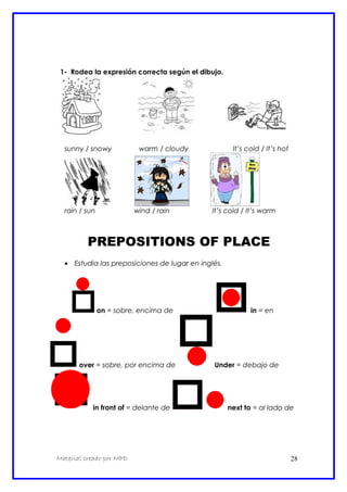 1- Rodea la expresión correcta según el dibujo.
sunny / snowy warm / cloudy It’s cold / It’s hot
rain / sun wind / rain It’s cold / It’s warm
PREPOSITIONS OF PLACE
• Estudia las preposiciones de lugar en inglés.
on = sobre, encima de in = en
over = sobre, por encima de Under = debajo de
in front of = delante de next to = al lado de
Material creado por MPD 28
 